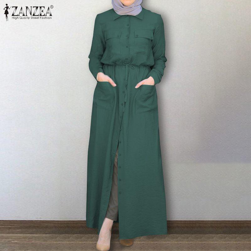 

Long Shirt Dress ZANZEA Elegant Women Casual Lapel Neck Long Sleeve Muslim Hijab Dress Autumn Drawstring Sundress Abaya Vestido, Black