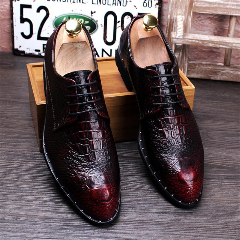 

Men's Crocodile Pattern Wedding Dress Leather Shoes Fashion Lace-Up Party Shoes Mens Business Office Oxfords Flats Size 40-451, Red