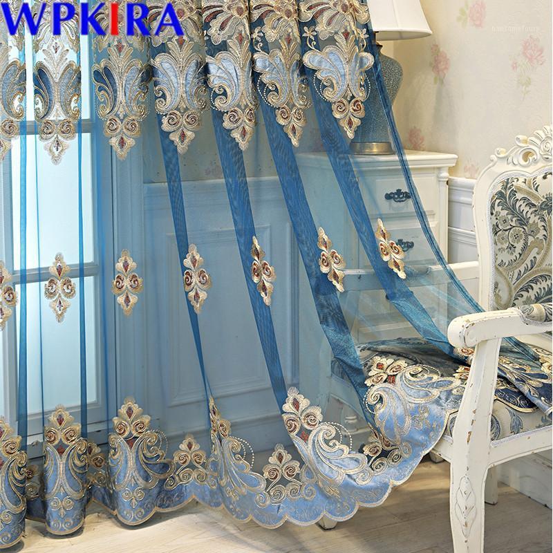 

Window Blinds Embroidery Tulle Curtains For Living Room Luxurious Window Screen High End Kitchen Drape Panel European X-AD511#301, Blue tulle