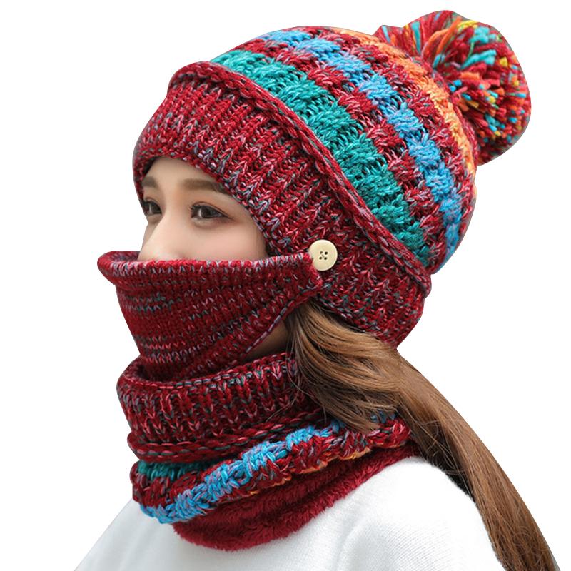 

Hot Selling Three-Piece Set Soft Warm Knit Beanie Scarf Face Cover Thickened Winter Ski Hat With Pompom for Women Girls