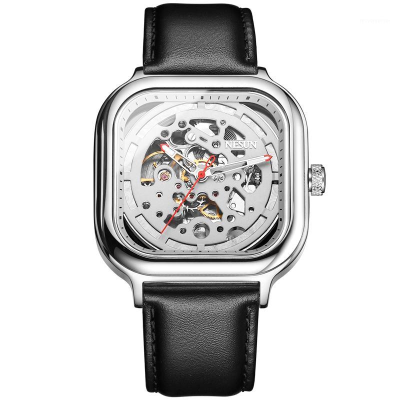 

NESUN Brand Fashion Luxury Business Waterproof Men's Watch Luminous Pointer Automatic Mechanical Watch Relogio Masculino1, Leather-silver