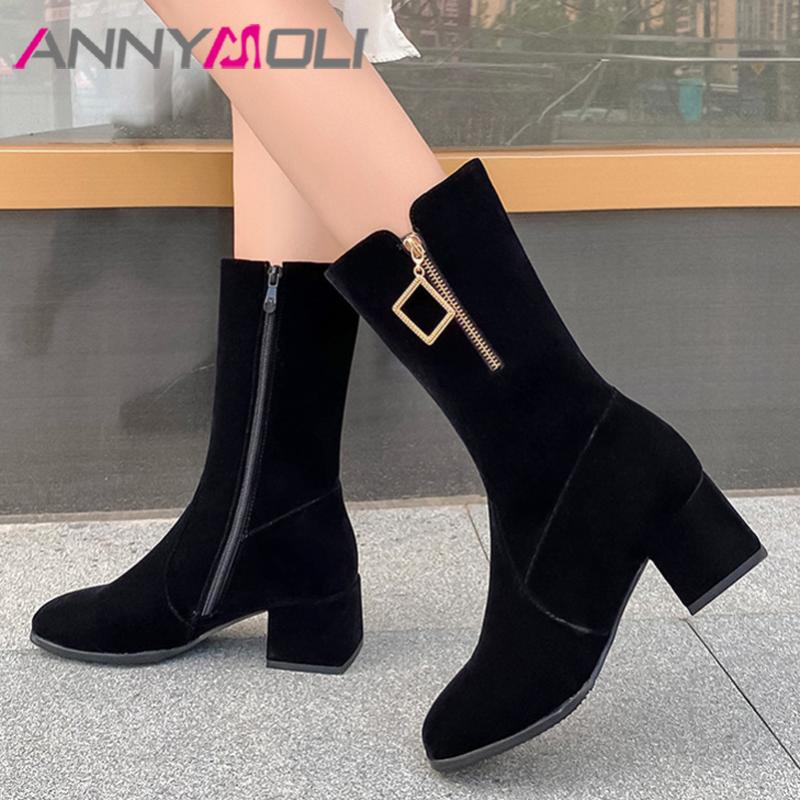 

ANNYMOLI Mid Calf Boots High Heel Woman Boots Round Toe Thick Heel Shoes Zipper Ladies Footwear Autumn Winter Black Big Size 43