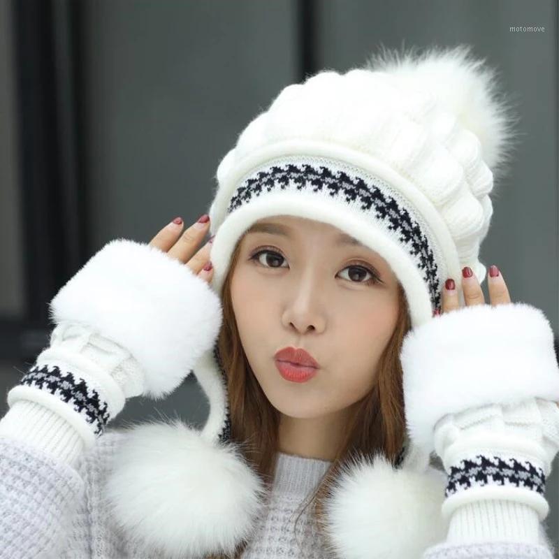 

Girls Thicken Ski Snow Cap New Fashion Fur PomPoms Winter Women Beanie Hats Female Skullies Warm Gloves + Knit Hat Set1, White