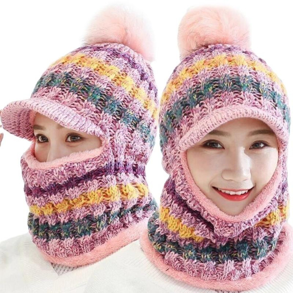 

2020 Women Winter Knit Balaclava Beanie Hat with Visor Brim Colorful Striped Pompom Ski Face Mask Plush Lined Neck Warmer