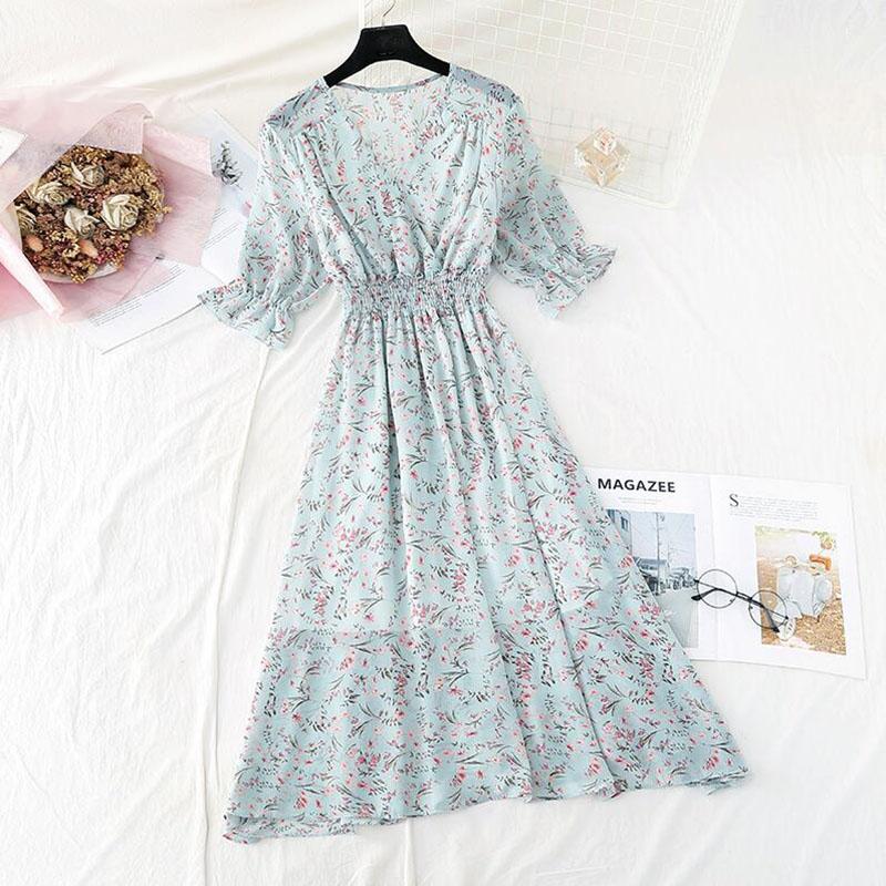 

2020 Summer Vintage Floral print Flare Sleeve A-Line Chiffon Dress Women Elegant V-Neck Short Sleeve Ruffles Mid-calf Dress, Yingxue green
