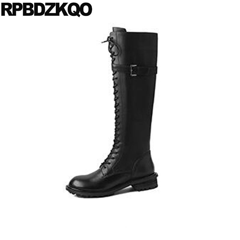 

biker shoes high quality chunky heel lace up knee side zip boots genuine leather black round toe real tall women motorcycle long
