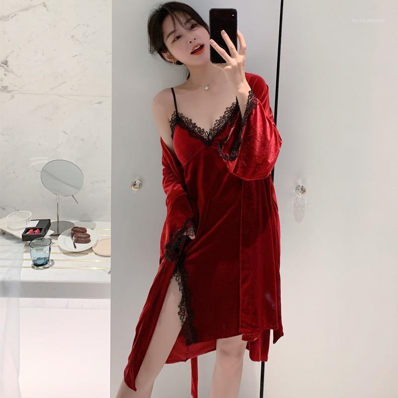 

Spring Autumn Velour Kimono Robe Gown Set Female Sexy V-Neck Side Split Nightgown With Belt Bathrobe Sweet Lace Trim Home Dress1, Pink