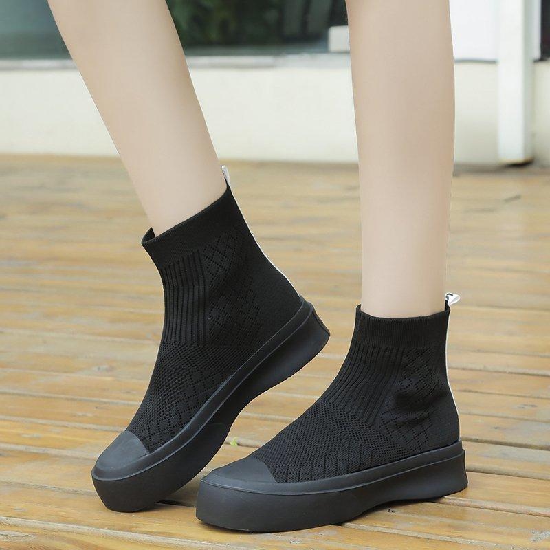 

Rimocy Breathable Knitted Elastic Cloth Sock Boots Women Round Toe Slip on Autumn Ankle Boots Female Casula Flat Platform Shoes, White