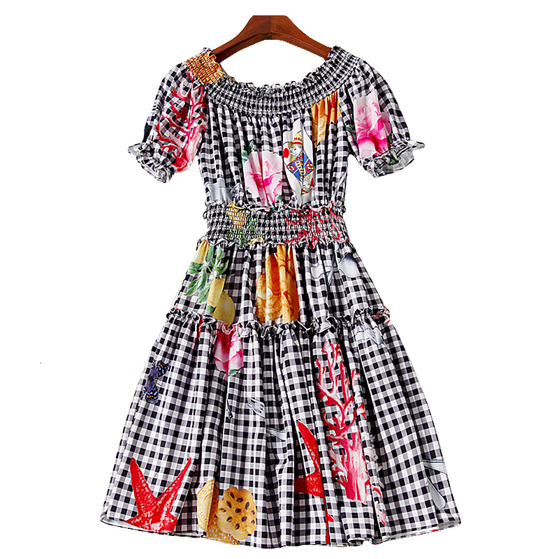 

Xf High Quality Fashion Designer Summer Female Collar Off the Shoulder Sexy Poker Roses Plaid Printed Dress Thin D6y6, Multiple