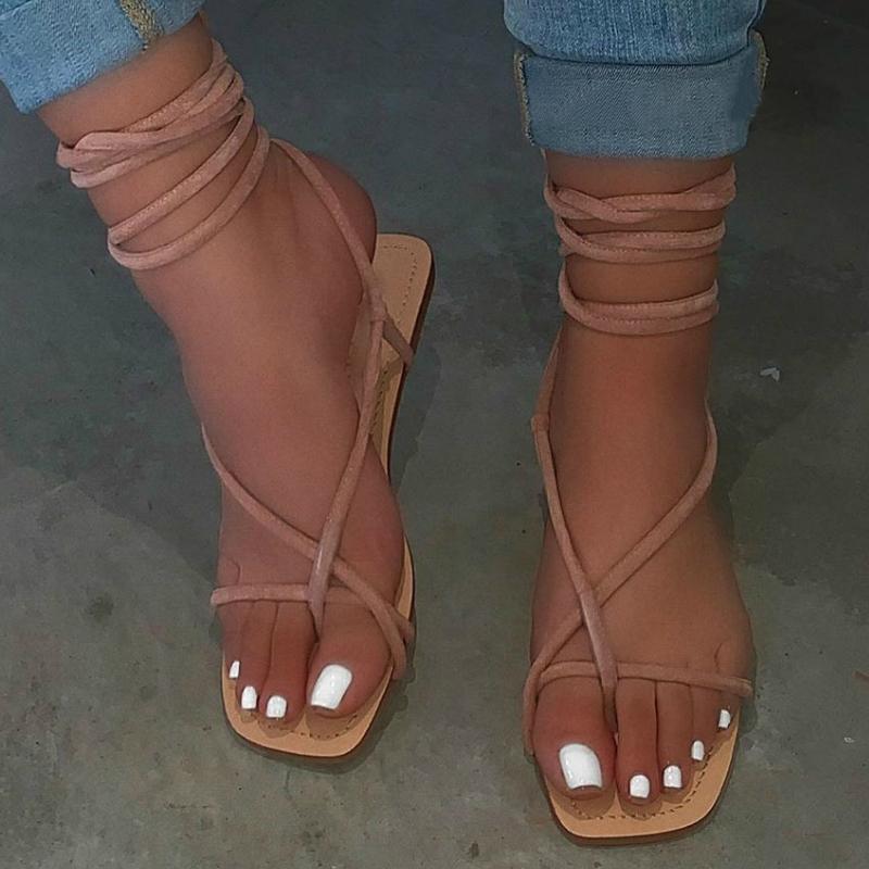 

Summer Sandals Women Gladiator Sandal Flat Heel Ankle Strap Lace Up Peep Toe Rome Sexy Party Female Ladies Shoes, Brown