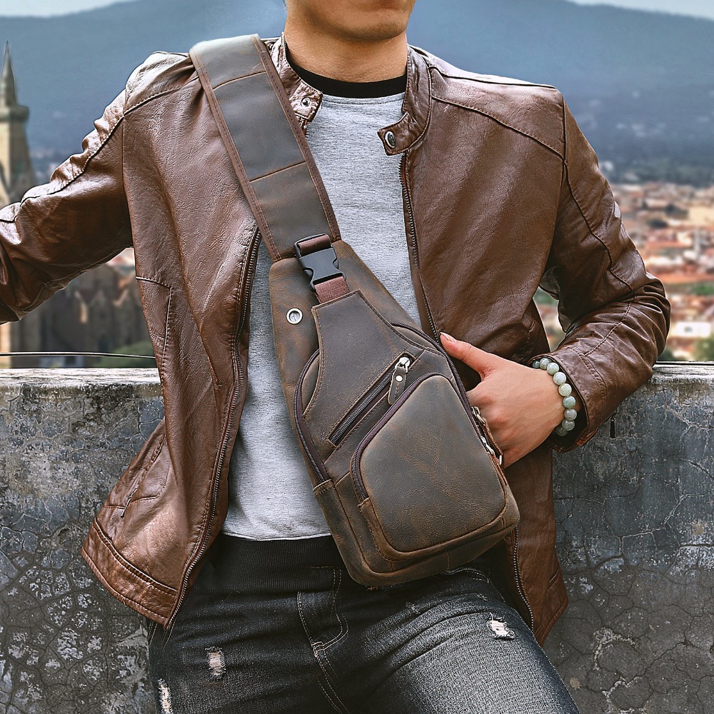 

Men Original Crazy horse Leather Casual Fashion Crossbody Chest Sling Bag Design Travel One Shoulder Bag Daypack Male 8015 C1008, Coffee