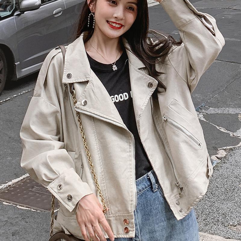 

EWQ] 2020 Autumn New Ladies PU Leather Coat Turn Down Collar Long Sleeve Solid Color Zipper Large Size Jacket Women QB434, Beige