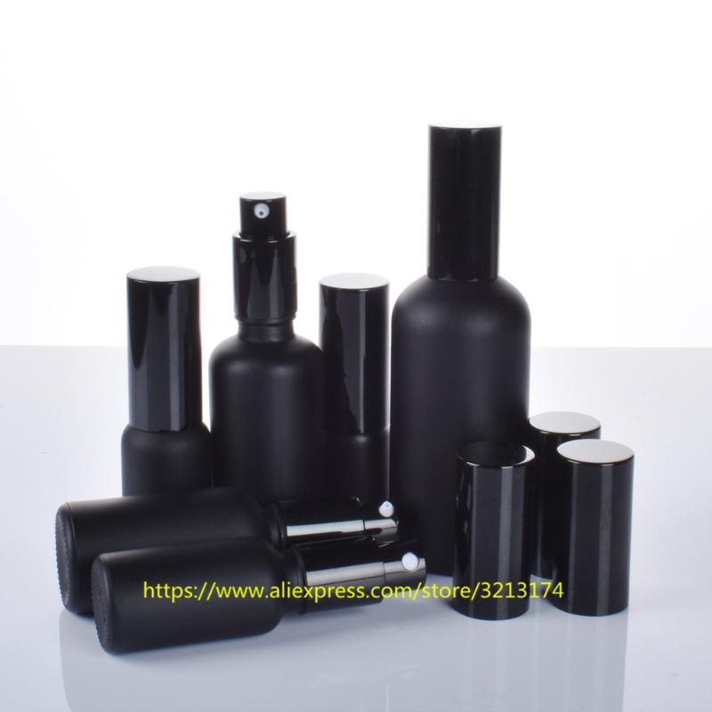 

wholesale 5ml to 100ml black frosted glass bottle with pump/sprayer,for lotion/perfume/essential oil/moisturizer/facial water