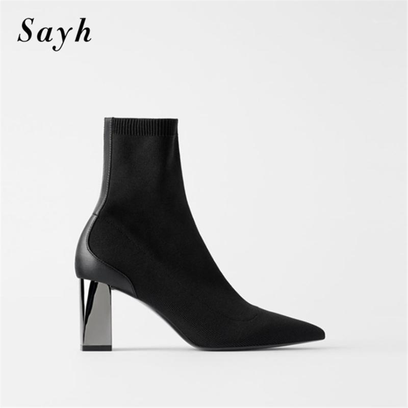 

2021 Winter Women Ankle Boot Thick Heel Stretch Sock Boot Pointy Toe Lady Shoes Black Size1
