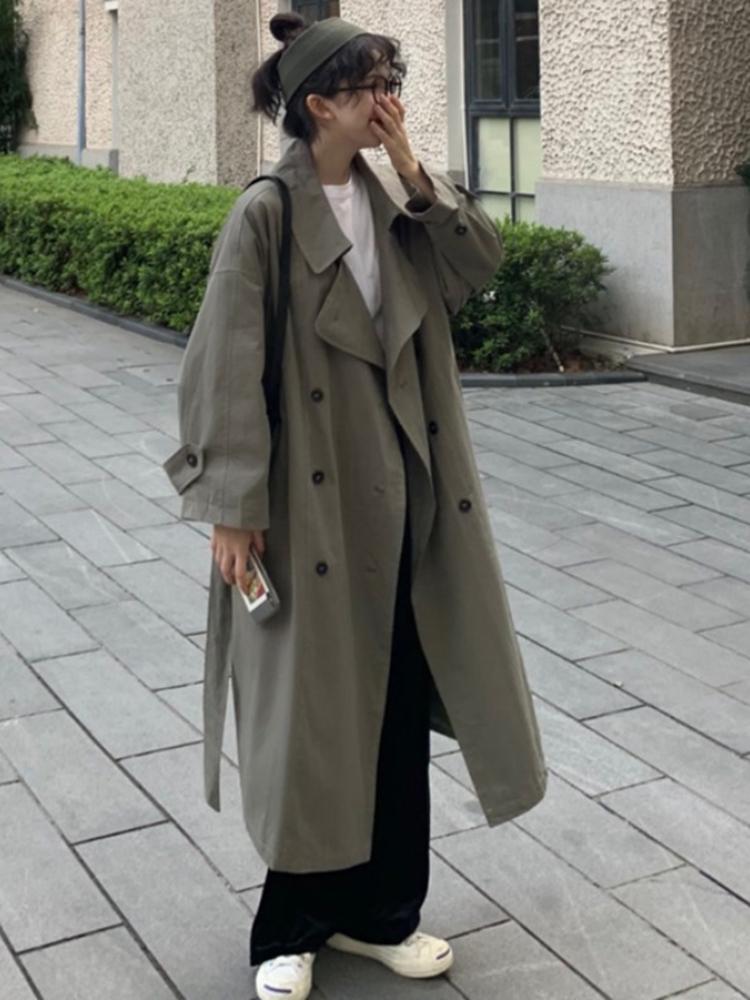 

Korean Style Loose Oversized X-Long Women's Trench Coat Double-Breasted Belted Lady Cloak Windbreaker Spring Fall Outerwear Grey, Green
