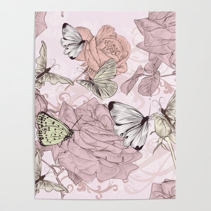 

Pink Flowers Butterfly Nordic Fashion Modular Pictures Canvas Prints Painting Wall Poster Home For Living Room Decoration Frame