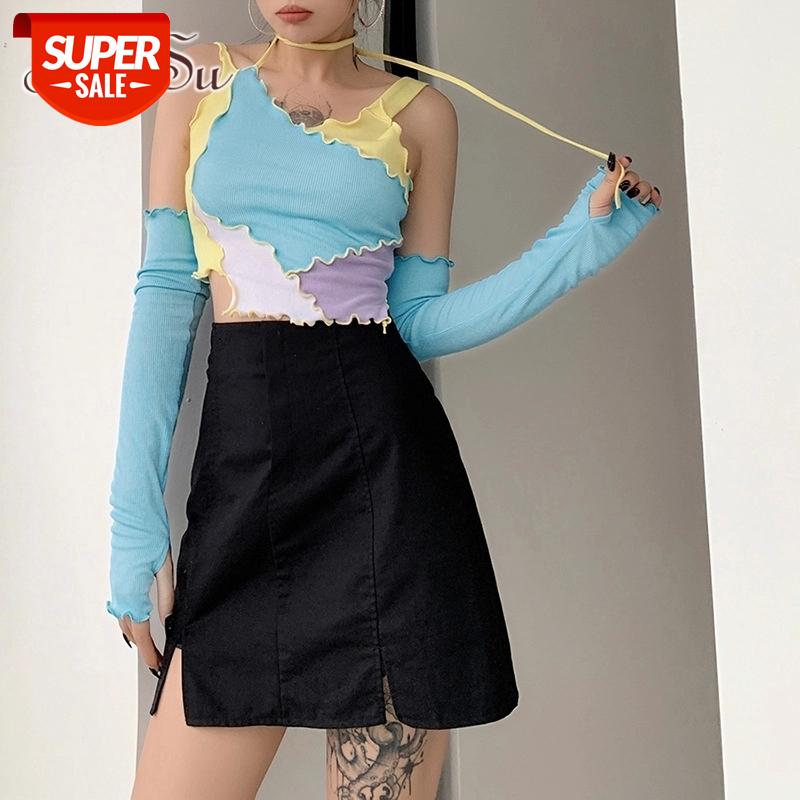 

ArtSu Patchwork Sexy Club Off Shoulder Tshirt Women Lace Up Summer Casual Ruffle Slim Sleeveless Crop Shirt Mujer Autumn TS52292 #Ce3c, White