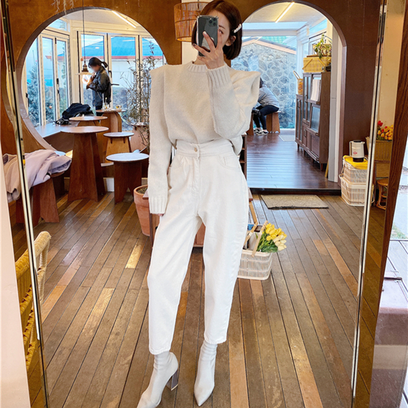

2021 New Women Harem Pants Fashion High Waist White Denim Jeans Female Trousers Spring Summer Streetwear Xtqx, Milky white