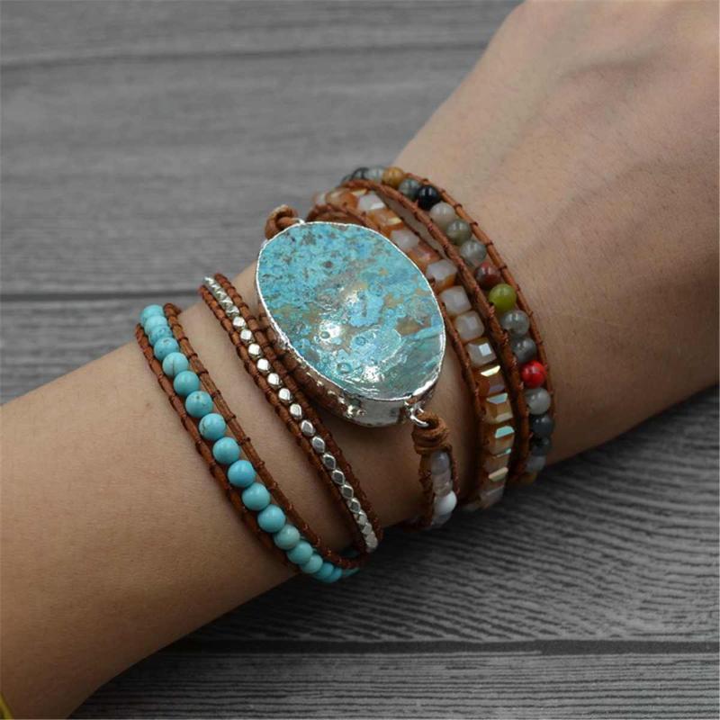 

Charm Bracelets 95cm Multicolor Calm Ocean Stones Bracelet Handmade Bohemian Leather Jewelry Gift