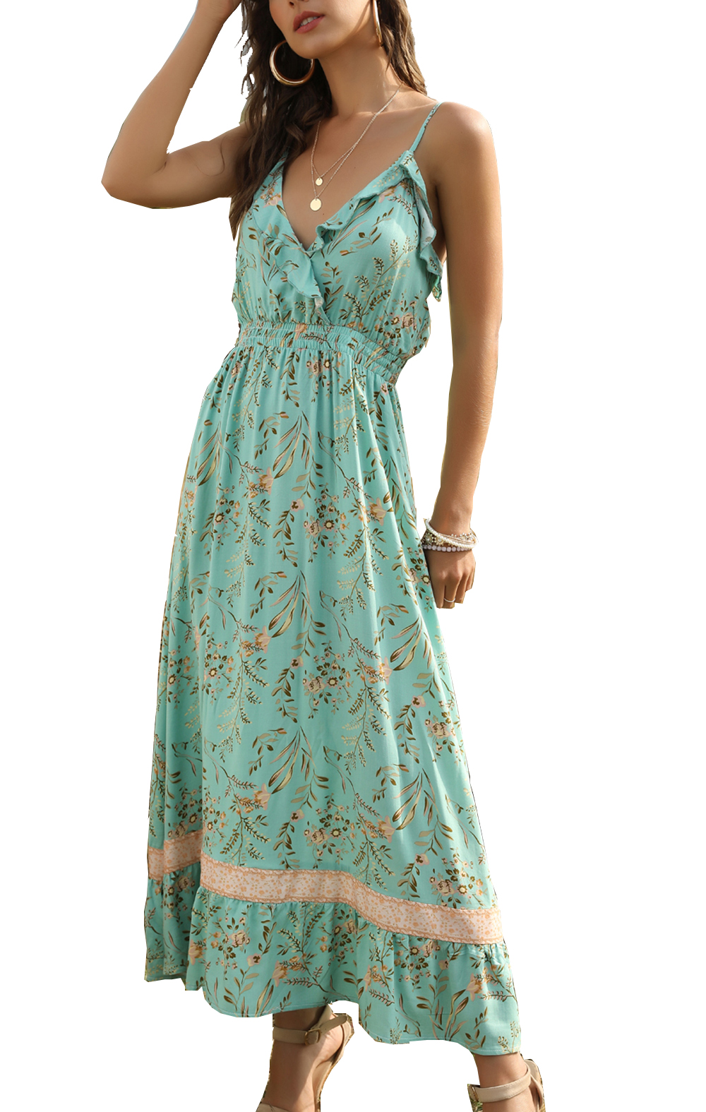 

Women Adjustable Spaghetti Strap Long Maxi Dress Floral Print V-neck High Waist Backless Sleeveless Swing Summer Beach Dress, Green