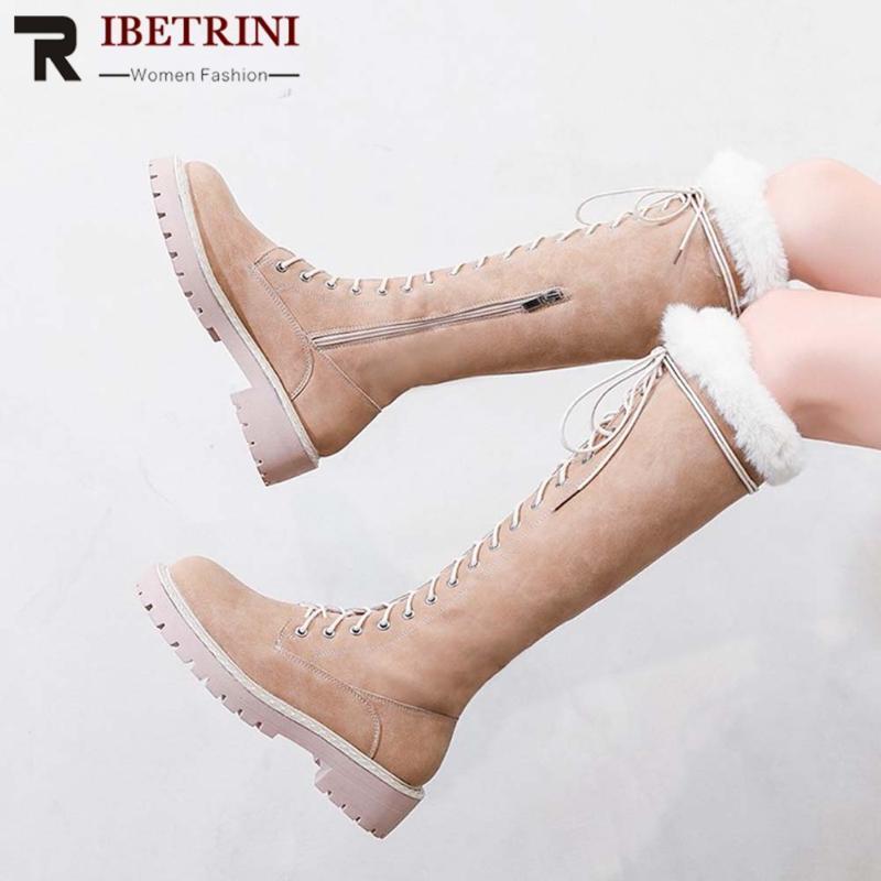 

RIBETRINI New Arrival Women Shoes Women Solid Lace Up Platform Mid Calf Snow Boots Warm Plush Casual Winter Boots1, Apricot long
