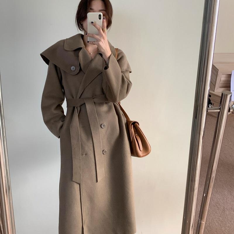 

2020 Korean Style Autumn Winter Women's Elegant Fashion Double Breasted Long Wool Coat with Sashes Cloak manteau Two-way Wear, Brown