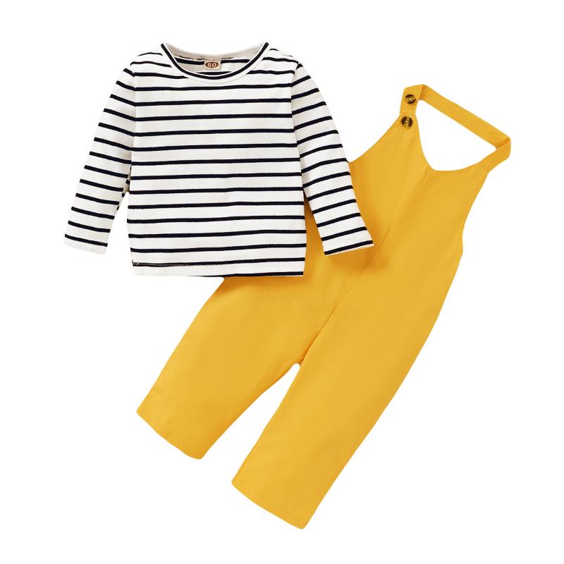 

FOCUSNORM 1-5Y Lovely Infant Kids Girls Clothes Sets Striped Long Sleeve Pullover Tops Yellow Overalls Pants 2pcs, As pic