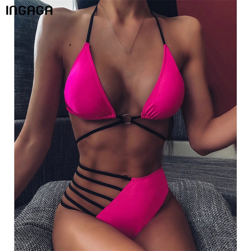 

INGAGA High Waist Bikini Swimsuit Halter Swimwear Women Hollow Out Biquini Push Up Bathing Suit Sexy Corss String Bathers Y200319, B2549