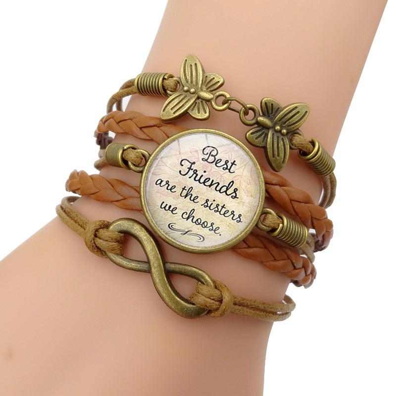 

Charm Bracelets Handmade Braided Butterfly Bracelet " Friends" Vintage Multilayer Leather Glass Dome For Friends Friendship Jewelry