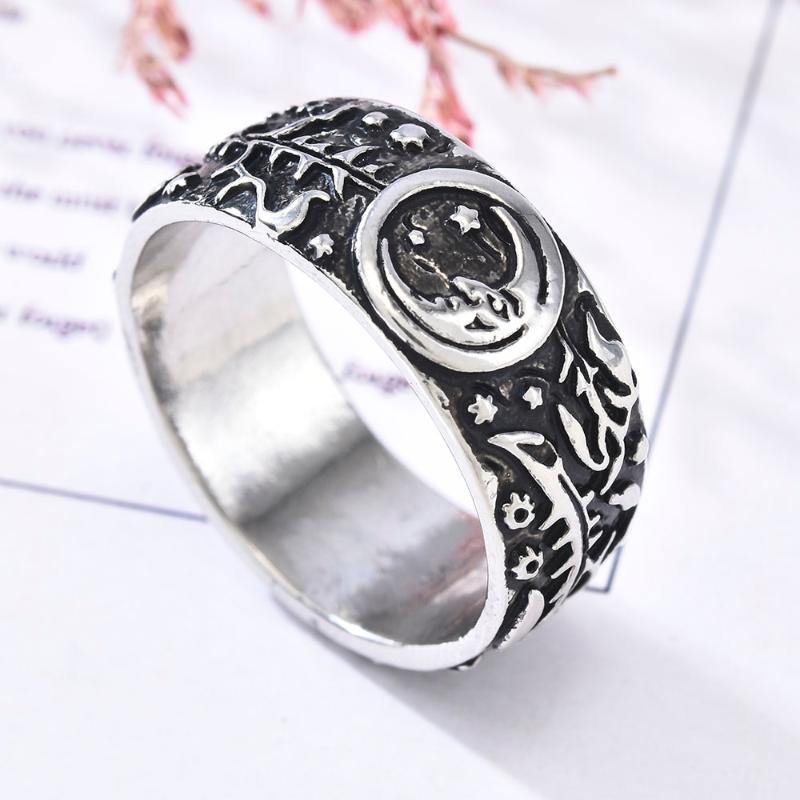 

Vintage Silver Color Carved Sun Moon Rose Magic Ring Celestial Wedding Ring Gift Size 6-10
