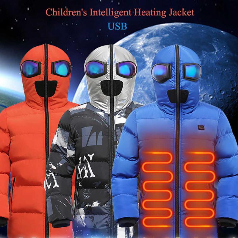 

130-175CM Children USB Heated Warmer 3s Heated Front Back Winter Hooded Jacket Motorcycling Jacket Skiing Coat Smart Heat, Black