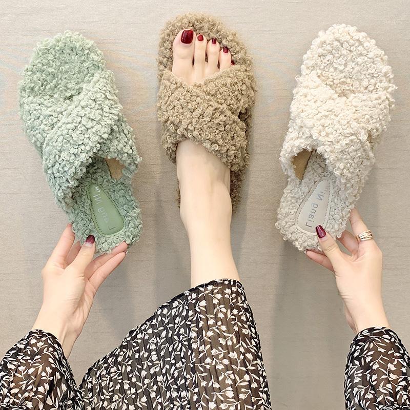

curl wool slides women outside cross band open toe flats fur slippers cute student casual slip-on flip flops furry warm sandals1, Beige