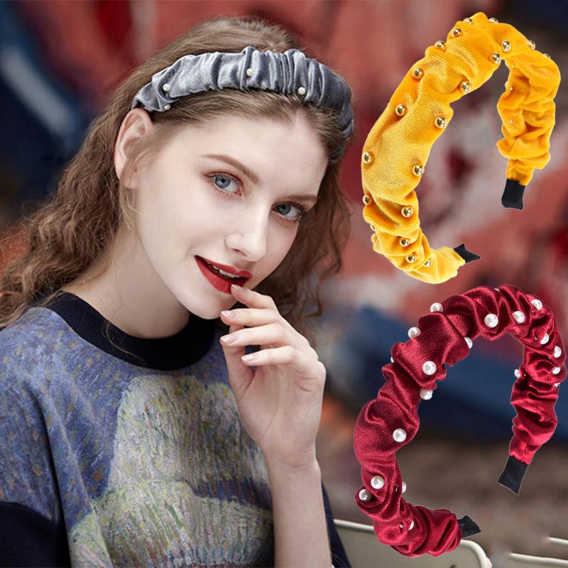 

Pleated Imitation Pearls Velvet hairband Hair Accessories wide headbands for women jewelry Handmade turban For Girls Hair Hoop