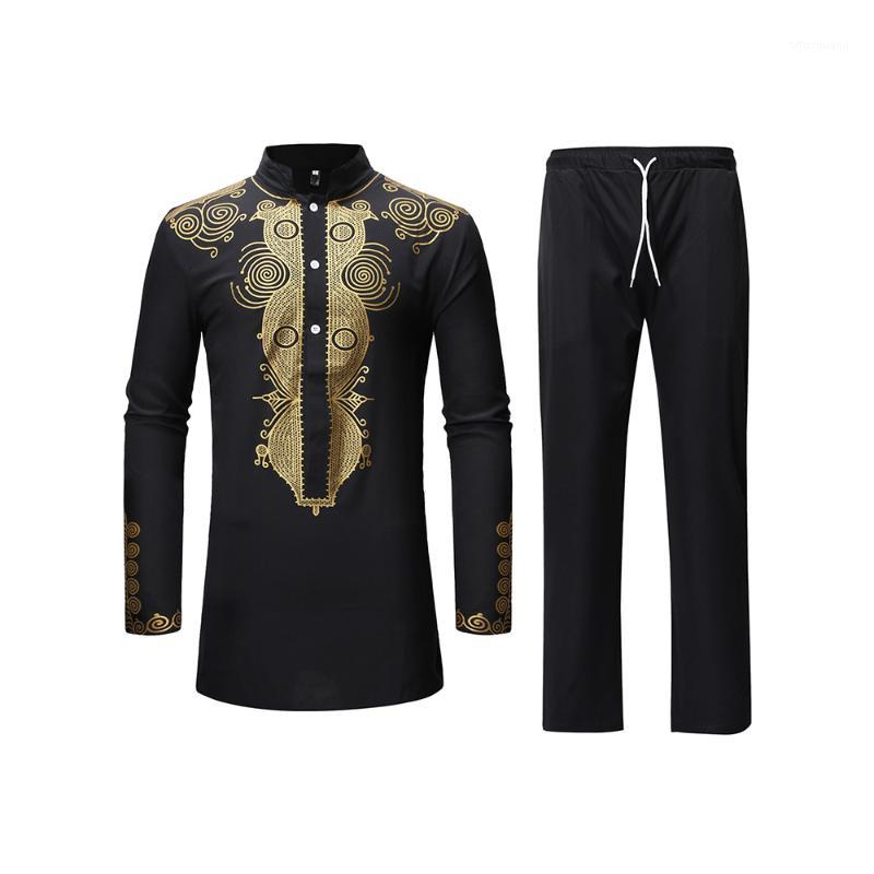 

Men's Tracksuits Casual Men African Clothes Tops And Pants Print Long Shirt With Trousers Two Piece Set For Dashiki Riche Bazin Oufits Afric, Black