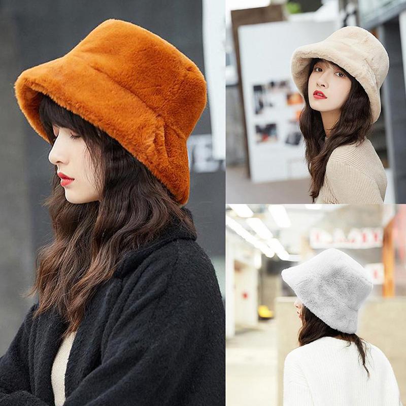 

Women Hat Solid Artificial Fur Warm Female Cap Faux Fur Winter Bucket Hat For Women Outdoor Soft Fishing Lady Plush Cap, White