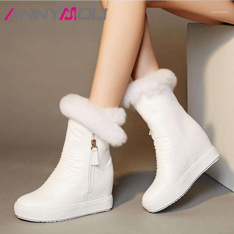 

ANNYMOLI Winter Plush Snow Boots Women Real Fur Zip Height Increasing High Heel Ankle Boots Pleated Round Toe Shoes Ladies 34-391, Black