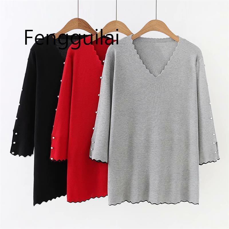

Plus Size Elastic Pullovers V-Neck Half Sleeves Women Sweaters 2020 New Red & Gray & Black Beading Knitted Ladies Pull Femme 4XL
