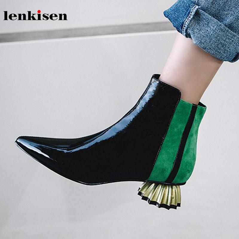 

Lenkisen brand mixed colors genuine leather side zip pointed toe metal strange med heels women winter keep warm ankle boots L7f21, Black