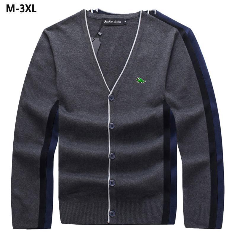 

100% Cotton High Quality Autumn Long Sleeve Mens Sweaters Casual Embroidery Logo Slim Knitted Tops Fashion Male Clothes -3XL, Light grey