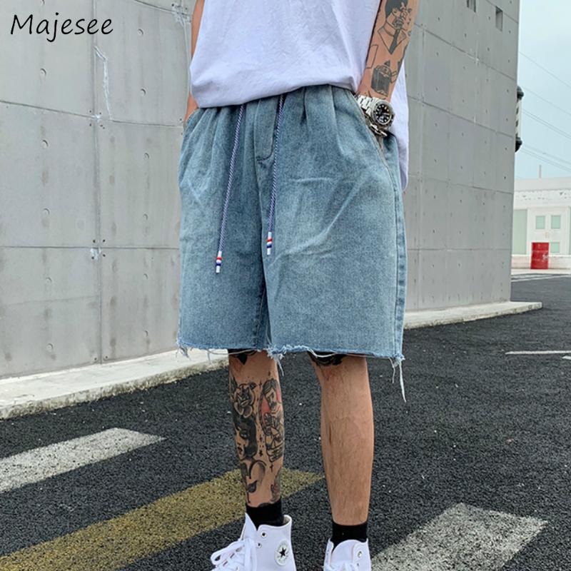 

Men Jeans Denim Casual Loose Straight Knee Length Male All-match Bottoms Elastic Waist Summer Leisure Korean Style Ulzzang Chic, Blue