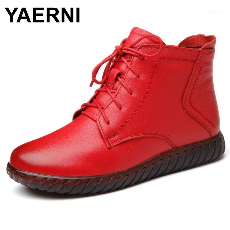 

YAERNI 2020 New Autumn Winter Women Boots Handmade Ankle Flat Boots Real Genuine Leather Shoes Lace Up Zipper Women Shoes1, Red