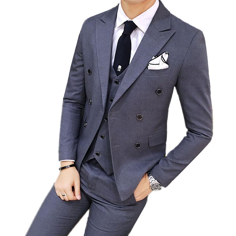 

Blazers Pants Vest Sets / 2021 Fashion Men's Business Casual Boutique Double Breasted Suit Coat Trousers Waistcoat 3 Pieces Sets, Black
