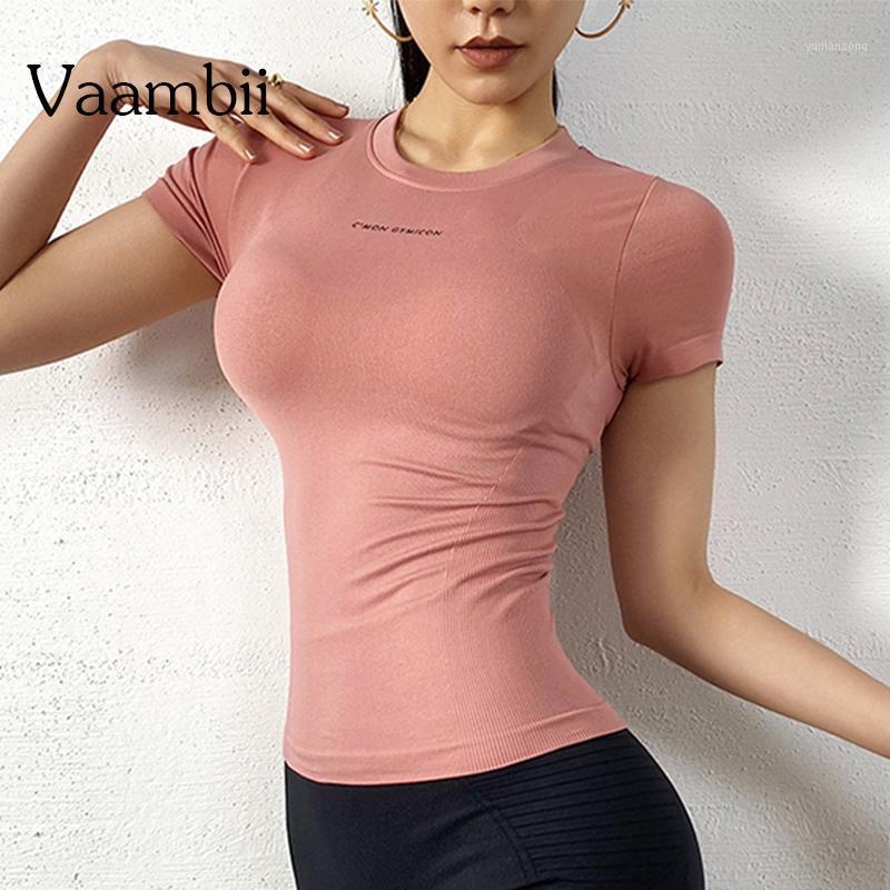 

Seamless Short Sleeve Yoga Gym Top Female Nylon Spandex Letter Print Solid High Elastic Breathable Active Athletic Sports Tshirt1, Green