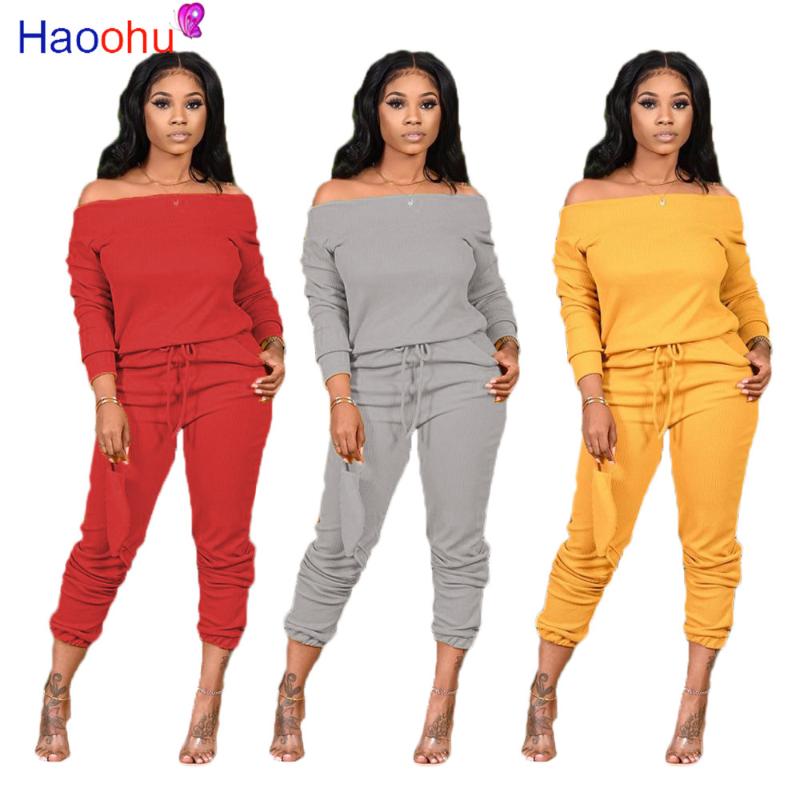 

Solid Knitted Women Set Two Pieces Set Tracksuit Off Shoulder Tee Tops Jogger Sweatpant Suit Outfit Matching, Red