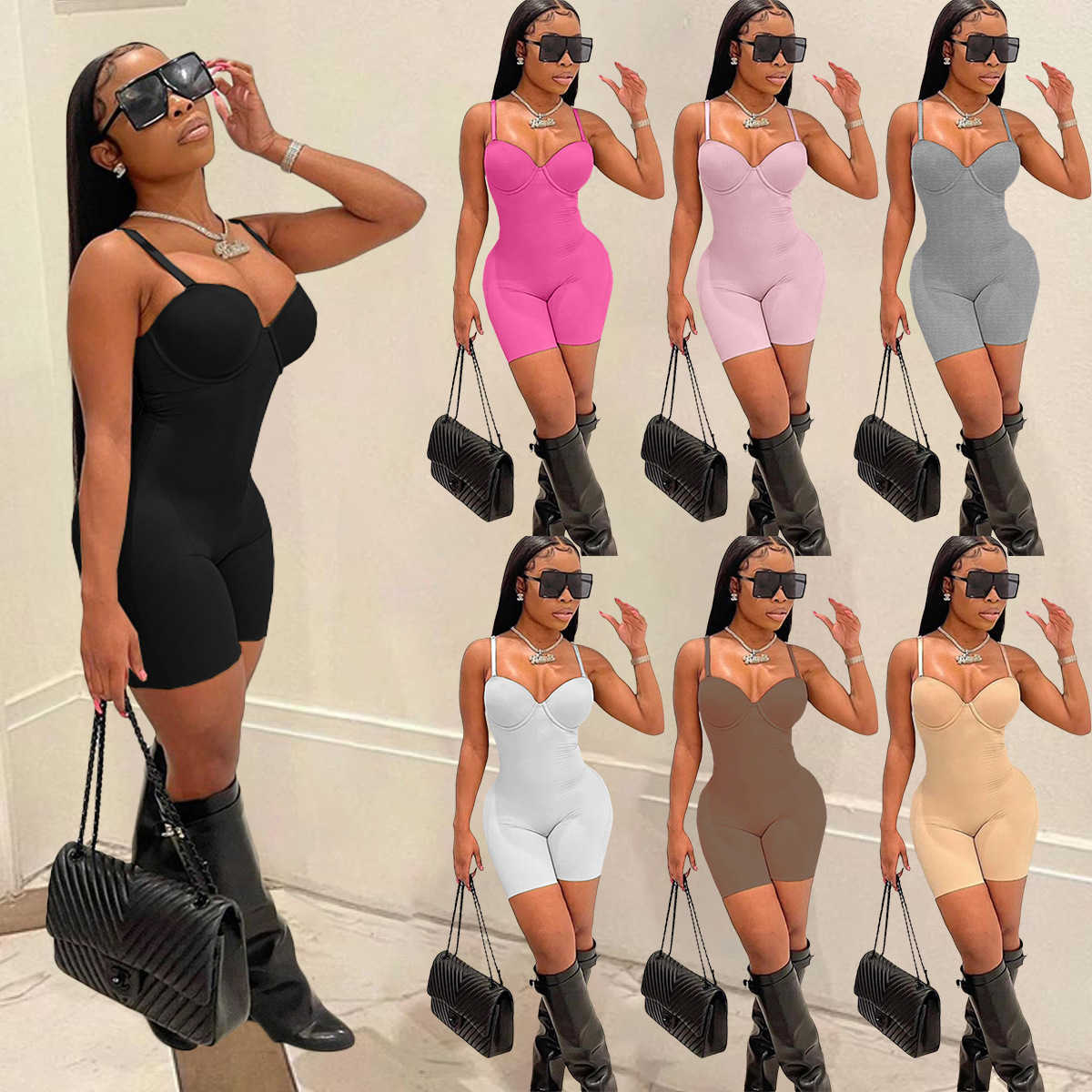 

Women jumpsuits Clothes 2022 summer wear new sexy low chest suspender high waist slim fit bag hip conjoined shorts, Mix colours or leave a message