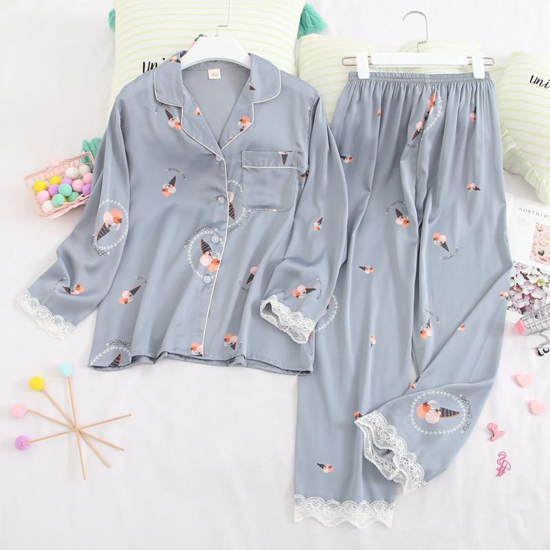 

Pajama Suit Women Spring Cute Printed Ice Silk Lace Women's Casual Cardigan Pajamas Sweet Long-sleeved Suit Home Clothes, Photo color b