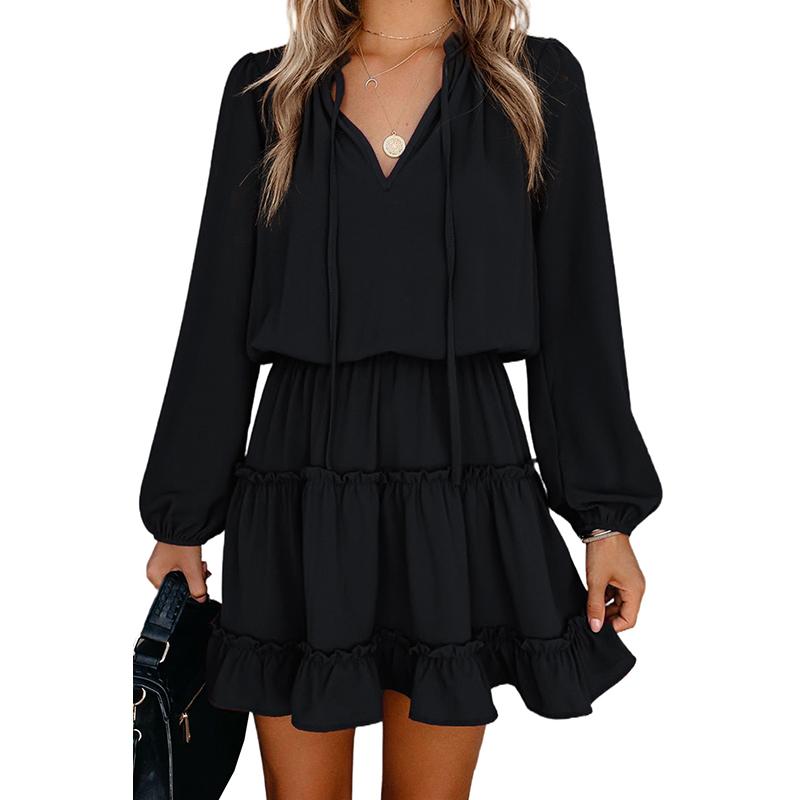 

Harajuku Winter Black V Neck Long Sleeve Ruffle Tiered Mini Dress Woman Vestido De Mujer Kobieta Sukienka Dresses Clothes XL