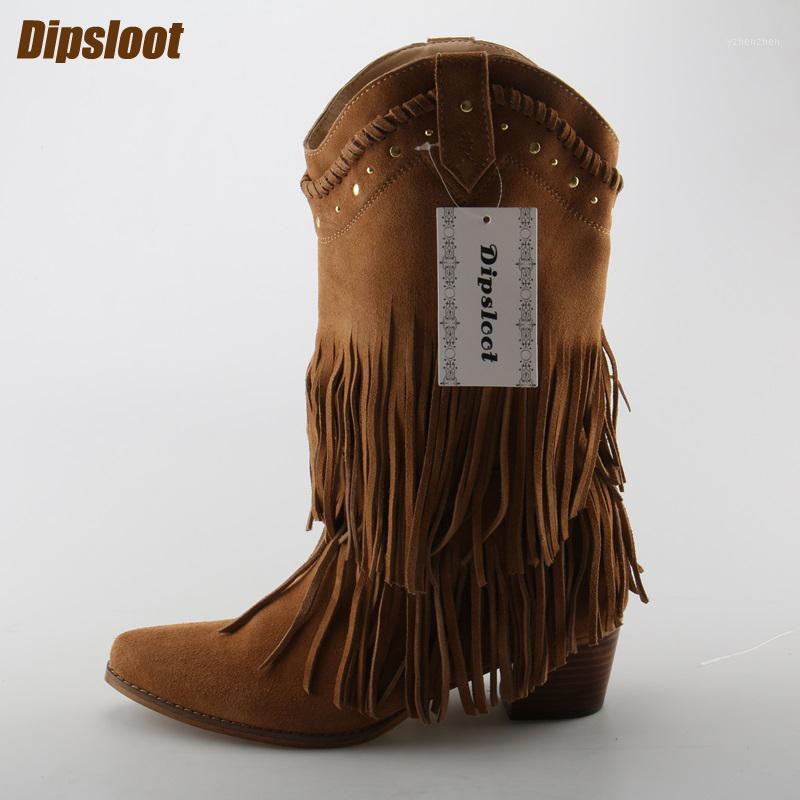 

Boots Camel Suede Leather Women Slip On Fringe Pointy Toe Cowboy Style Ladies Western High Quality Med Heel Rivet Boot1, As pic