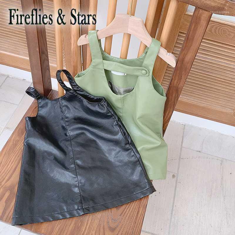 

Spring Autumn girls dress Baby PU dress kids vestidos Children jumper skirt clothes faux leather cross belt sleeveless 1 to 7 yr1, Black