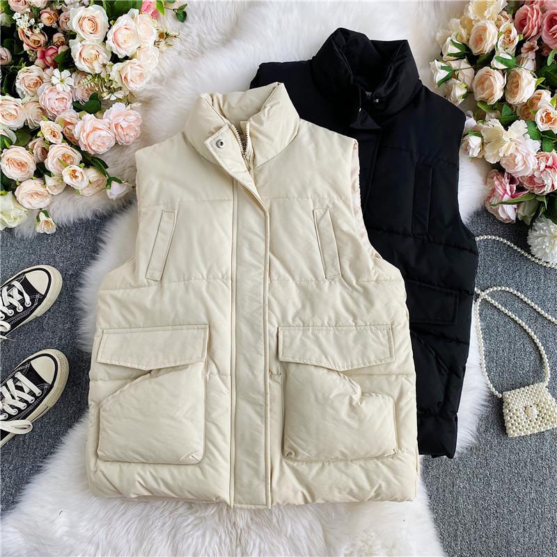 

Women's Down Vest T Winter Minimalist Solid Stand Collar Zipper Sleeveless Coats Female Loose Short Outwears Fashion New, Beige